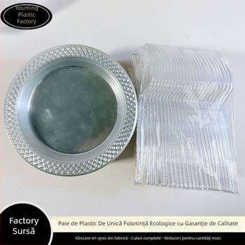 Set de veselă plastic de unică folosință, cu farfurii transparente rotunde, farfurii pentru tort și tacâmuri cu dungi