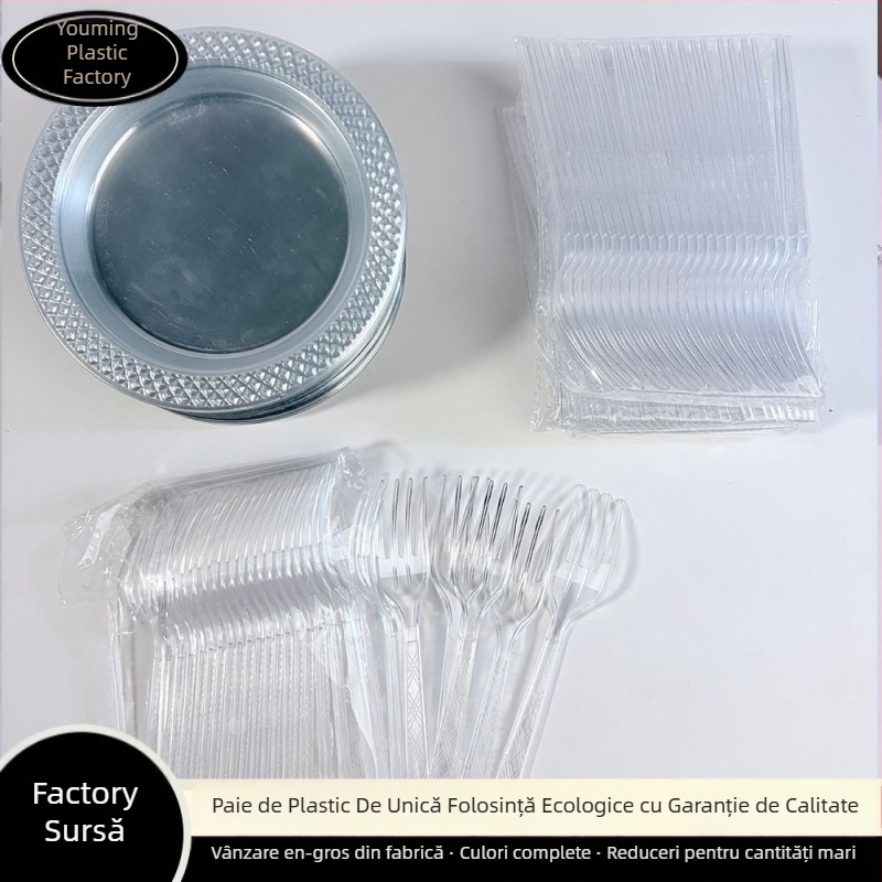 Set de veselă plastic de unică folosință, cu farfurii transparente rotunde, farfurii pentru tort și tacâmuri cu dungi