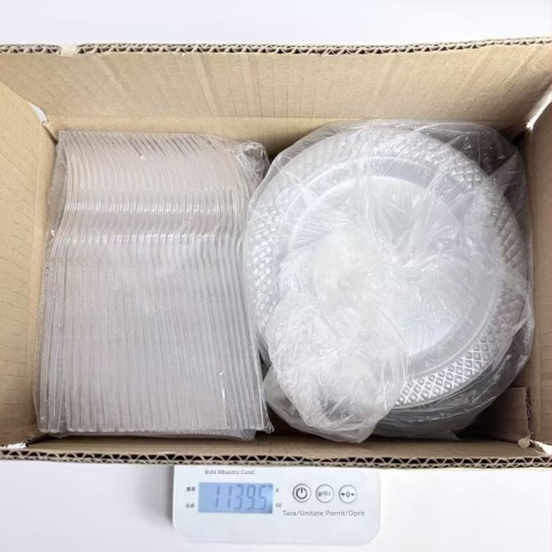 Set de veselă plastic de unică folosință, cu farfurii transparente rotunde, farfurii pentru tort și tacâmuri cu dungi