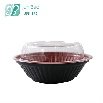 Vas rotund din plastic PP, roșu-negru, pentru salată, somon sashimi, ramen și supă, bol de unică folosință, capacitate 420 ml