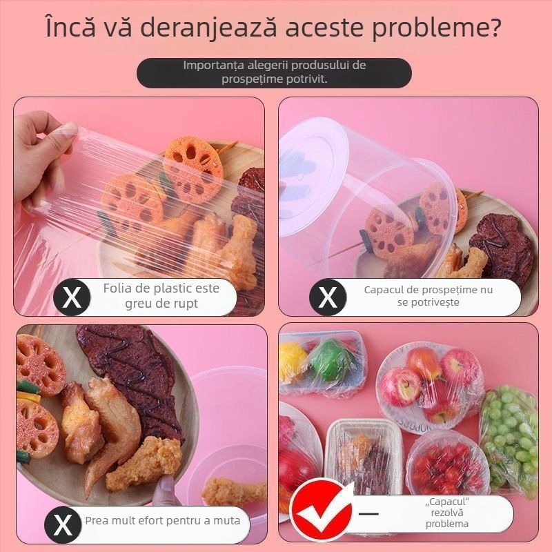 Set de 100 capace din folie alimentară de unică folosință pentru bucătărie și frigider, cu deschidere elastică pentru resturi și farfurii