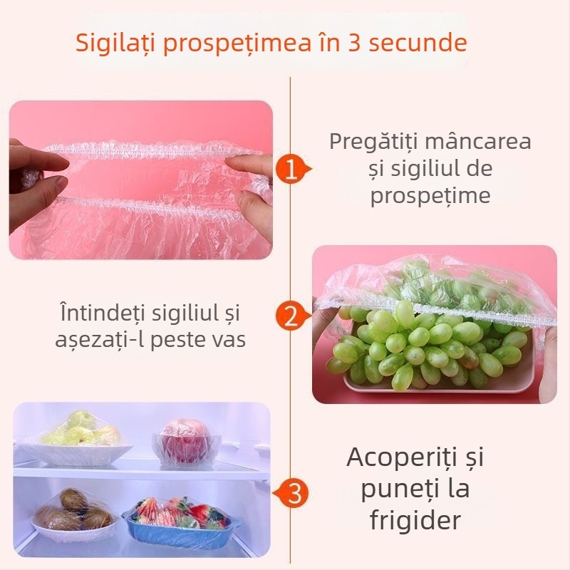 Set de 100 capace din folie alimentară de unică folosință pentru bucătărie și frigider, cu deschidere elastică pentru resturi și farfurii