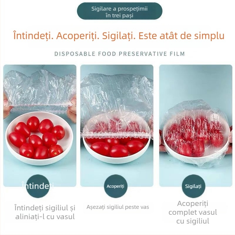Set de 100 capace din folie alimentară de unică folosință pentru bucătărie și frigider, cu deschidere elastică pentru resturi și farfurii