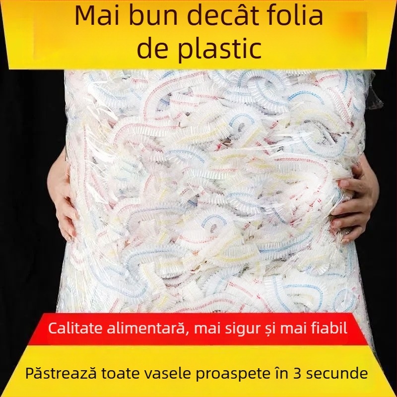 Set de 100 capace din folie alimentară de unică folosință pentru bucătărie și frigider, cu deschidere elastică pentru resturi și farfurii