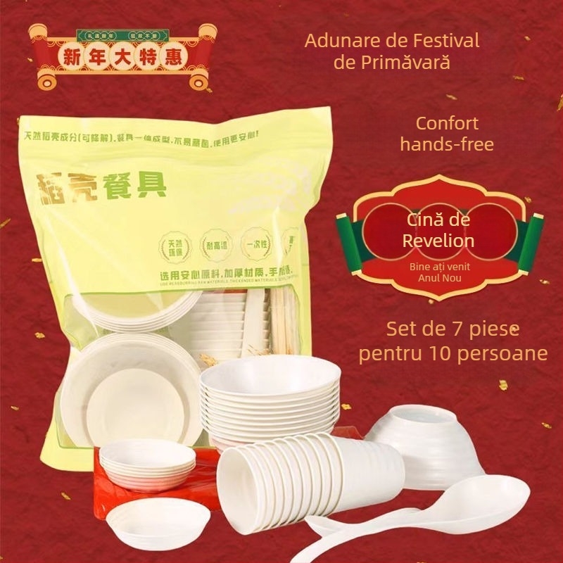 Set de veselă de unică folosință cu pahare, boluri, farfurii, bețișoare și linguri pentru nunți, picnicuri și grătare — de înaltă clasă, aspect plăcut și ecologic, pentru uz casnic și în aer liber