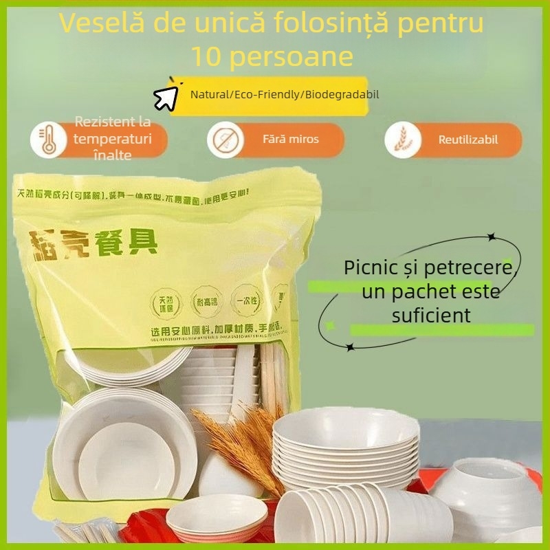 Set de veselă de unică folosință cu pahare, boluri, farfurii, bețișoare și linguri pentru nunți, picnicuri și grătare — de înaltă clasă, aspect plăcut și ecologic, pentru uz casnic și în aer liber