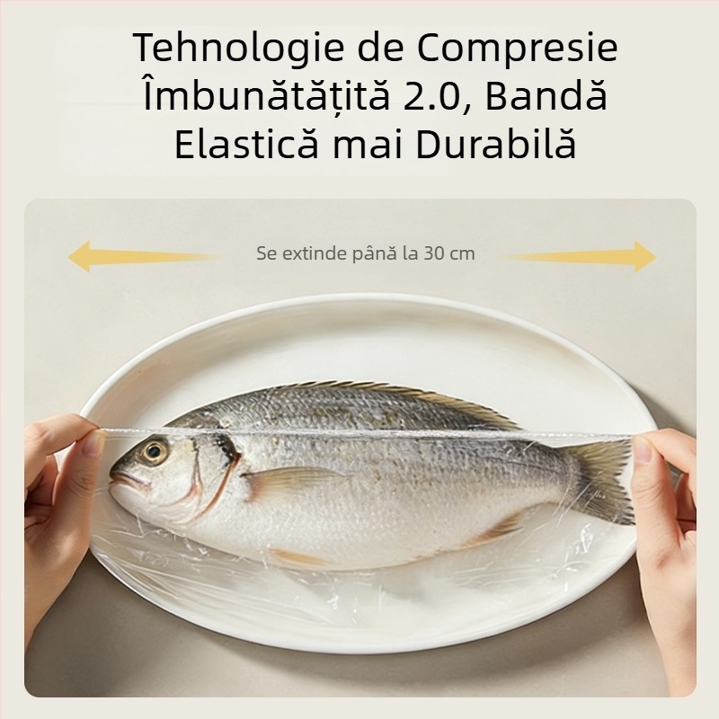 Acoperire pentru folie alimentară montată pe perete, de unică folosinţă, pentru uz casnic, cu bandă elastică pentru acoperirea resturilor şi a bolurilor