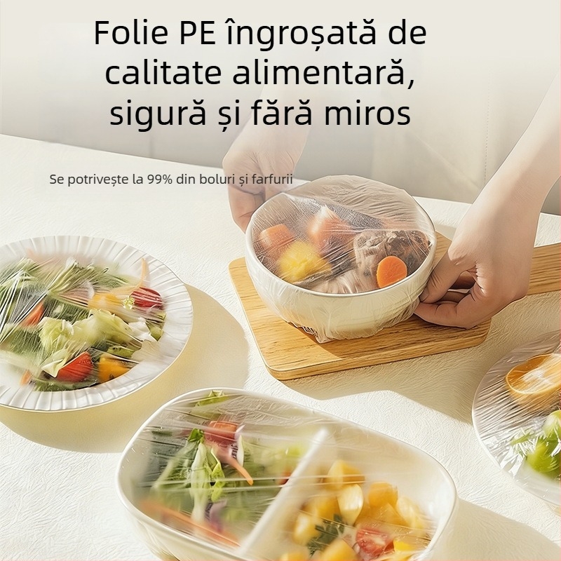 Acoperire pentru folie alimentară montată pe perete, de unică folosinţă, pentru uz casnic, cu bandă elastică pentru acoperirea resturilor şi a bolurilor