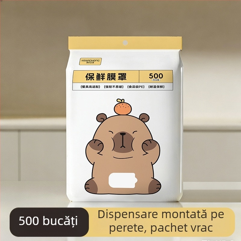 Acoperire pentru folie alimentară montată pe perete, de unică folosinţă, pentru uz casnic, cu bandă elastică pentru acoperirea resturilor şi a bolurilor