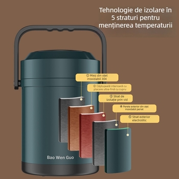 Cutie pentru prânz cu izolație în vid, din oțel inoxidabil 304, construcție multistrat, capacitate mare (1–3 L) pentru studenți și angajați.