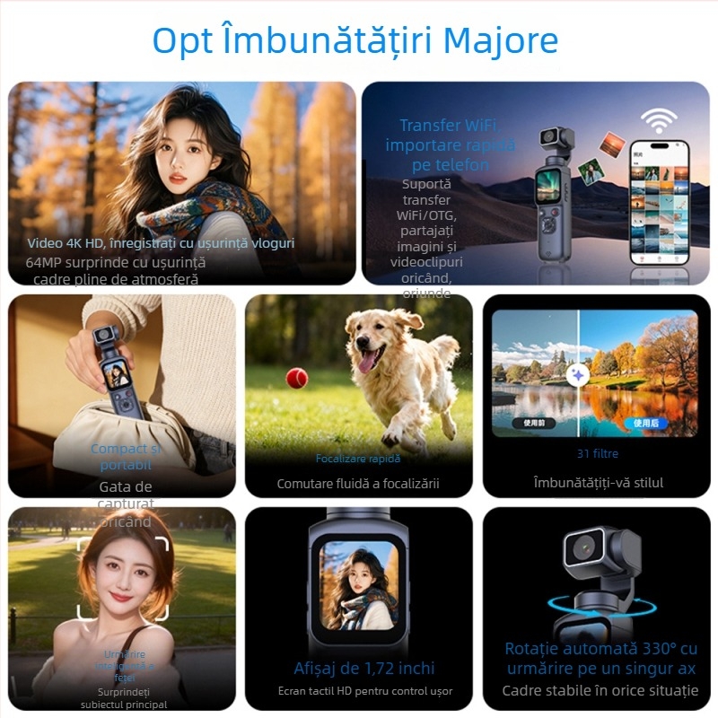 M05 HD Cameră digitală pentru sport cu gimbal de buzunar, urmărire facială inteligentă, înregistrare în exterior, Vlog și călătorii
