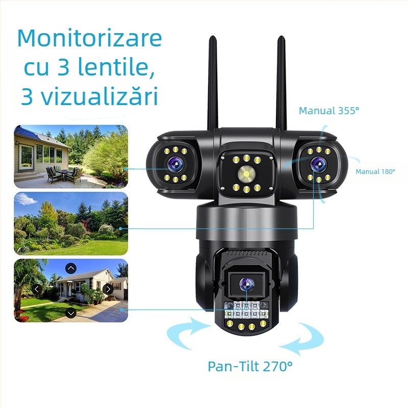 V380pro Cameră PTZ cu trei lentile, wireless 4G, exterior, Wi-Fi și alimentare