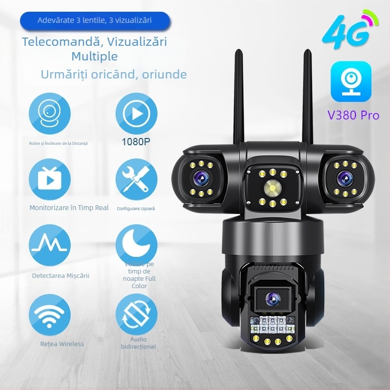 V380pro Cameră PTZ cu trei lentile, wireless 4G, exterior, Wi-Fi și alimentare