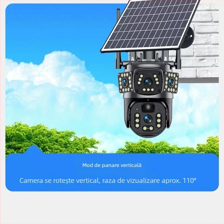 Cameră solară 4G panoramică inteligentă, cu obiectiv dual, consum redus de energie, audio bidirecțional, monitor exterior.