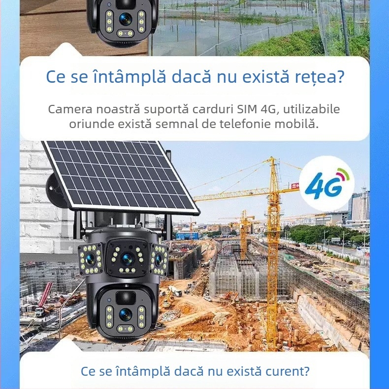 Cameră solară 4G panoramică inteligentă, cu obiectiv dual, consum redus de energie, audio bidirecțional, monitor exterior.