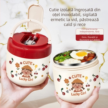 Cutie de prânz izolată din oțel inoxidabil 304, portabilă, cu două compartimente, design cu desen animat, etanșă și anti-scurgere