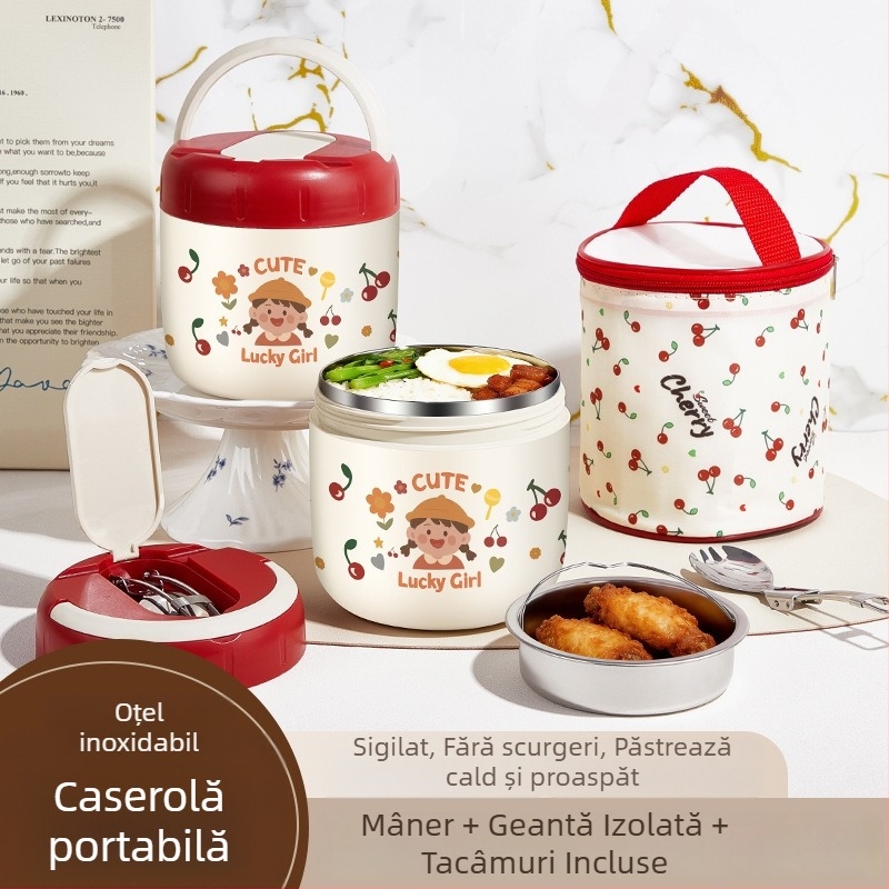 Cutie de prânz izolată din oțel inoxidabil 304, portabilă, cu două compartimente, design cu desen animat, etanșă și anti-scurgere