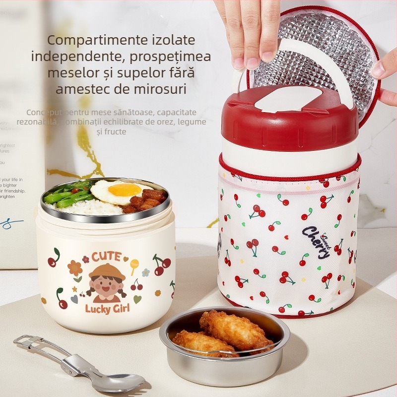 Cutie de prânz izolată din oțel inoxidabil 304, portabilă, cu două compartimente, design cu desen animat, etanșă și anti-scurgere