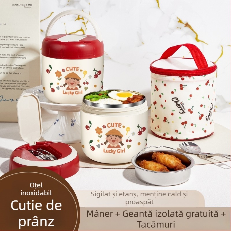 Cutie de prânz izolată din oțel inoxidabil 304, portabilă, cu două compartimente, design cu desen animat, etanșă și anti-scurgere