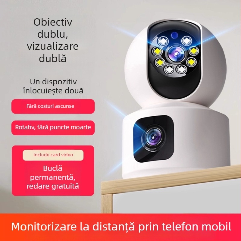 Cameră de supraveghere interior cu obiectiv dublu, rotație de 360° și intercom