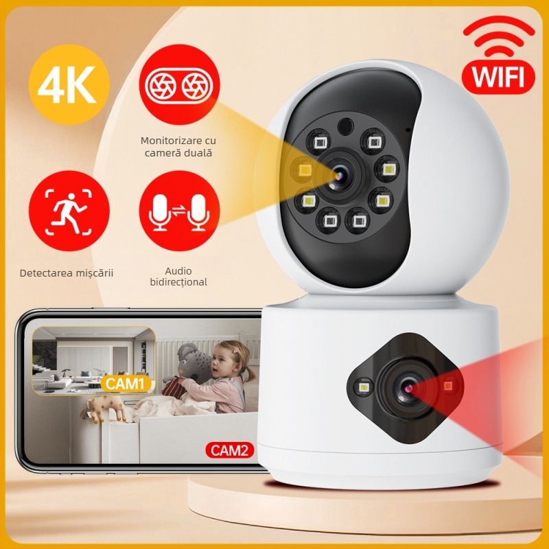 Cameră de supraveghere Wi‑Fi inteligentă pentru interior, cu ecran dual, vedere de noapte HD și monitorizare la distanță prin telefon