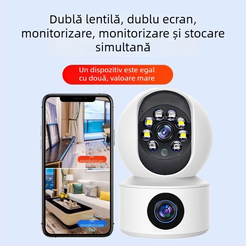 Cameră wireless de supraveghere, cu obiectiv dublu, Wi‑Fi și 4G, pentru interior, cu vedere nocturnă HD