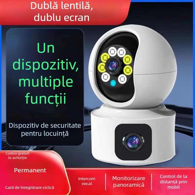 Cameră wireless de supraveghere, cu obiectiv dublu, Wi‑Fi și 4G, pentru interior, cu vedere nocturnă HD