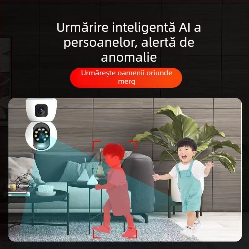 Cameră wireless de supraveghere, cu obiectiv dublu, Wi‑Fi și 4G, pentru interior, cu vedere nocturnă HD