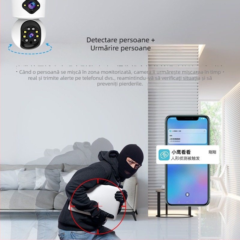 Cameră de interior cu două obiective și vizualizare duală, cap PTZ pentru supraveghere la domiciliu, 360° HD