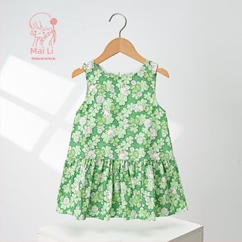 Rochie pentru fetițe din bumbac, fără mâneci, cu imprimeu desen animat și funda – stil prințesă, croială A-line