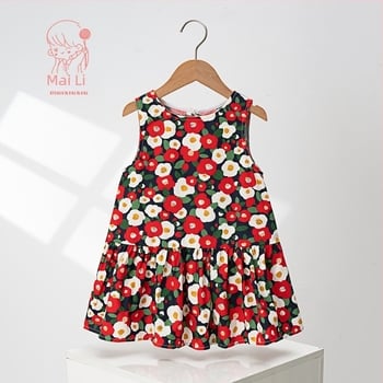 Rochie pentru fetițe din bumbac, fără mâneci, cu imprimeu desen animat și funda – stil prințesă, croială A-line
