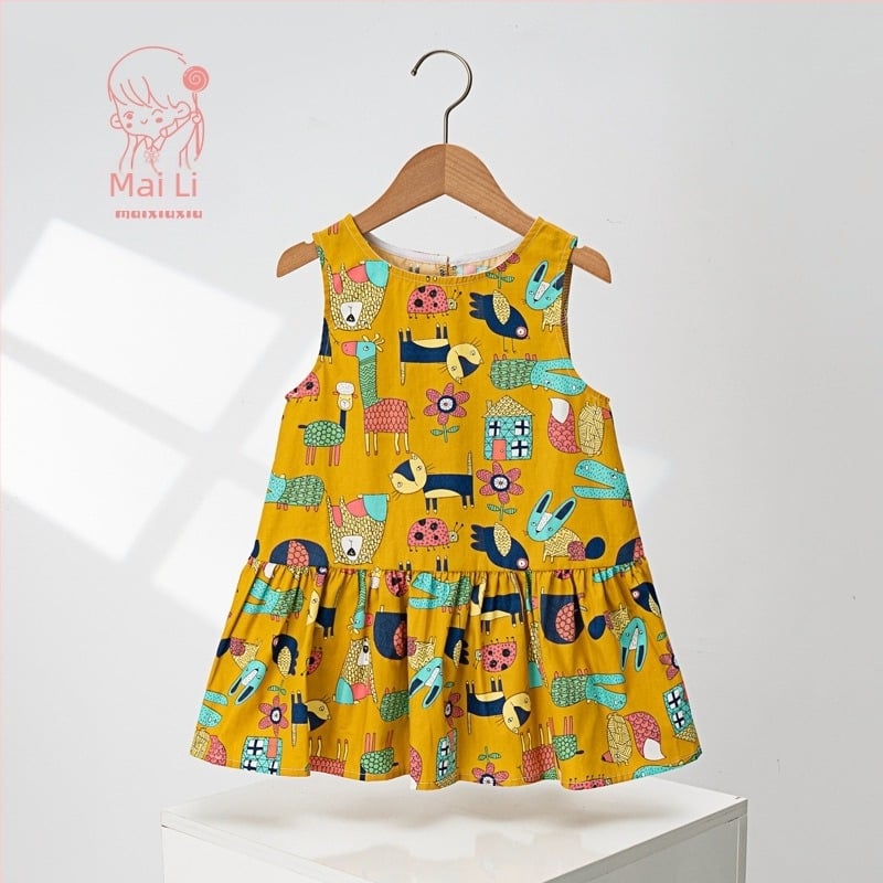 Rochie pentru fetițe din bumbac, fără mâneci, cu imprimeu desen animat și funda – stil prințesă, croială A-line