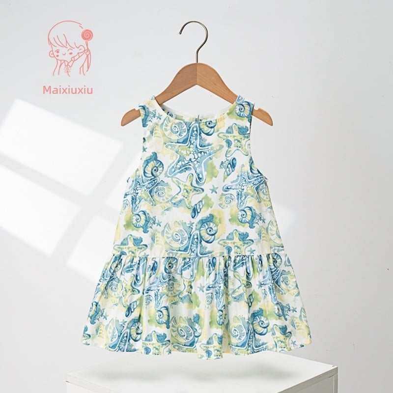Rochie pentru fetițe din bumbac, fără mâneci, cu imprimeu desen animat și funda – stil prințesă, croială A-line