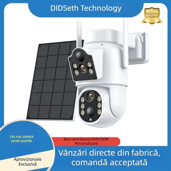 Cameră PTZ WiFi cu două obiective, alimentare solară, pentru exterior, impermeabilă, consum redus de energie
