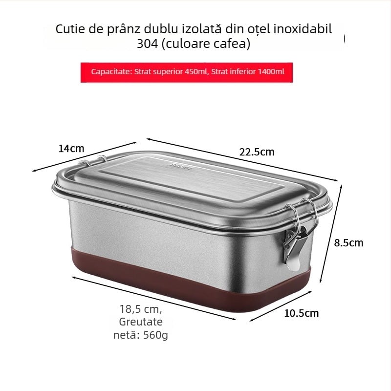 Cutie de prânz din oțel inoxidabil 304, cu două niveluri și compartimente multiple, izolată, dreptunghiulară, stil japonez modern pentru adulți