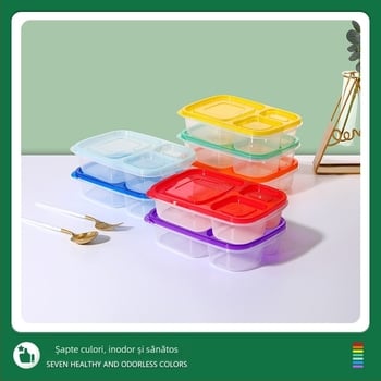 Set en-gros cutie prânz cu trei compartimente, din plastic transparent, formă dreptunghiulară, compatibilă cu microundele, din material alimentar