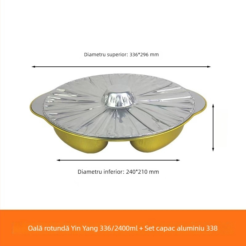 Cutie rotundă din folie de aluminiu, cu două compartimente, de unică folosință, protecție împotriva mirosurilor, pentru două arome hot pot