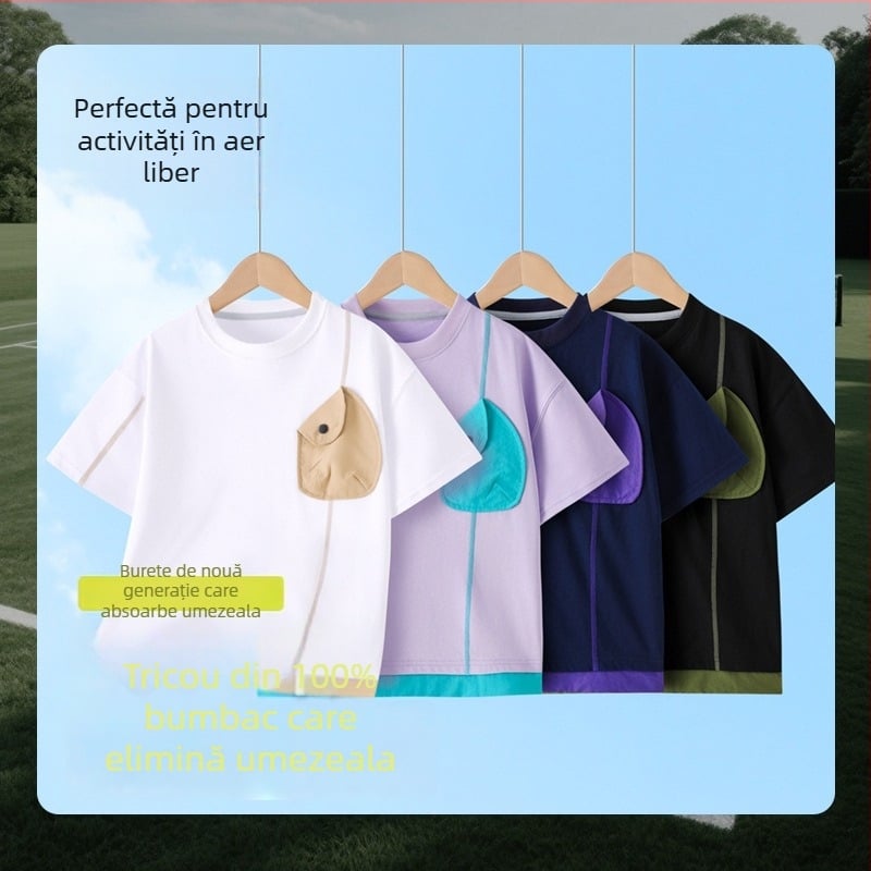 Tricou pentru copii, ușor, cu guler rotund, buzunar color-block, mânecă scurtă, vară 2026, pentru copii mai mari