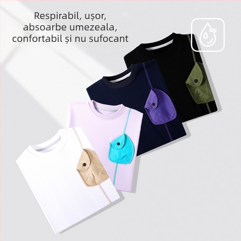 Tricou pentru copii, ușor, cu guler rotund, buzunar color-block, mânecă scurtă, vară 2026, pentru copii mai mari