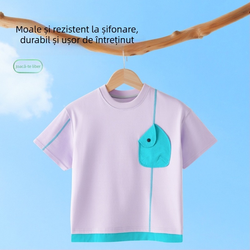 Tricou pentru copii, ușor, cu guler rotund, buzunar color-block, mânecă scurtă, vară 2026, pentru copii mai mari