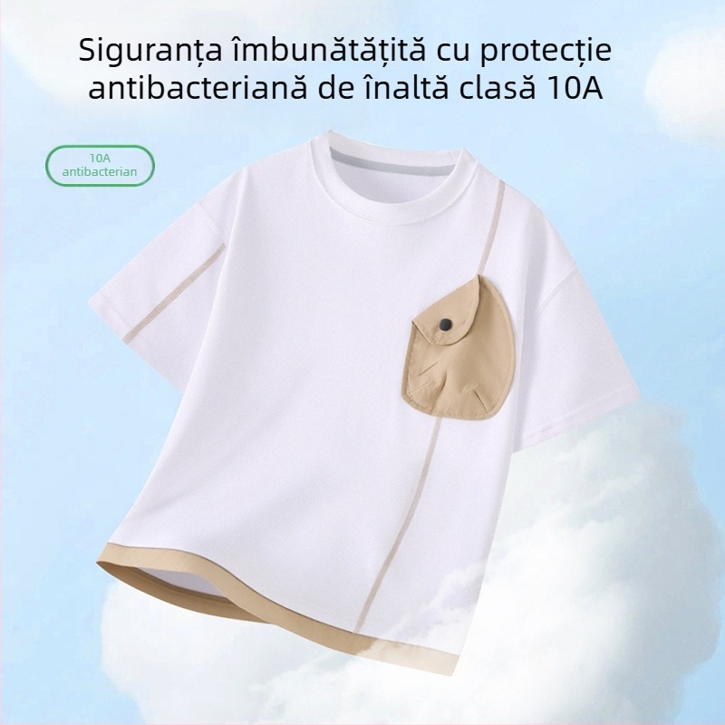 Tricou pentru copii, ușor, cu guler rotund, buzunar color-block, mânecă scurtă, vară 2026, pentru copii mai mari