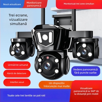 Qiaoan cameră wireless cu 3 lentile, 360°, pentru monitorizare de la distanță în exterior și în interior, vedere de noapte, 4G