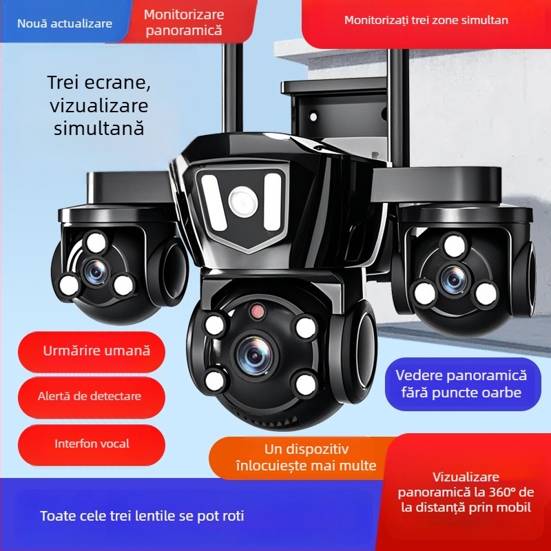Qiaoan cameră wireless cu 3 lentile, 360°, pentru monitorizare de la distanță în exterior și în interior, vedere de noapte, 4G
