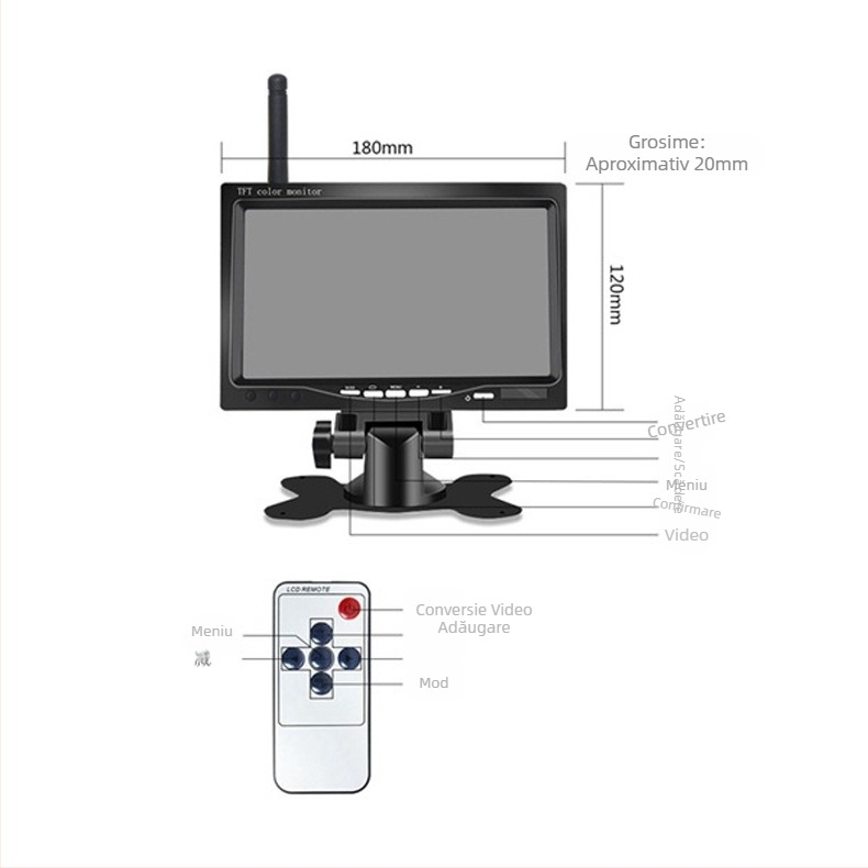 Display wireless de 7 inch pentru mers înapoi și sistem de monitorizare cu cameră, universal pentru camioane, autobuze și vehicule utilitare