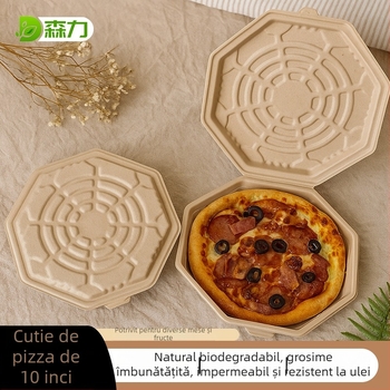 Cutie de pizza de 10 inch, din pulpă biodegradabilă, design octagonal, încălzibilă, într-o singură piesă