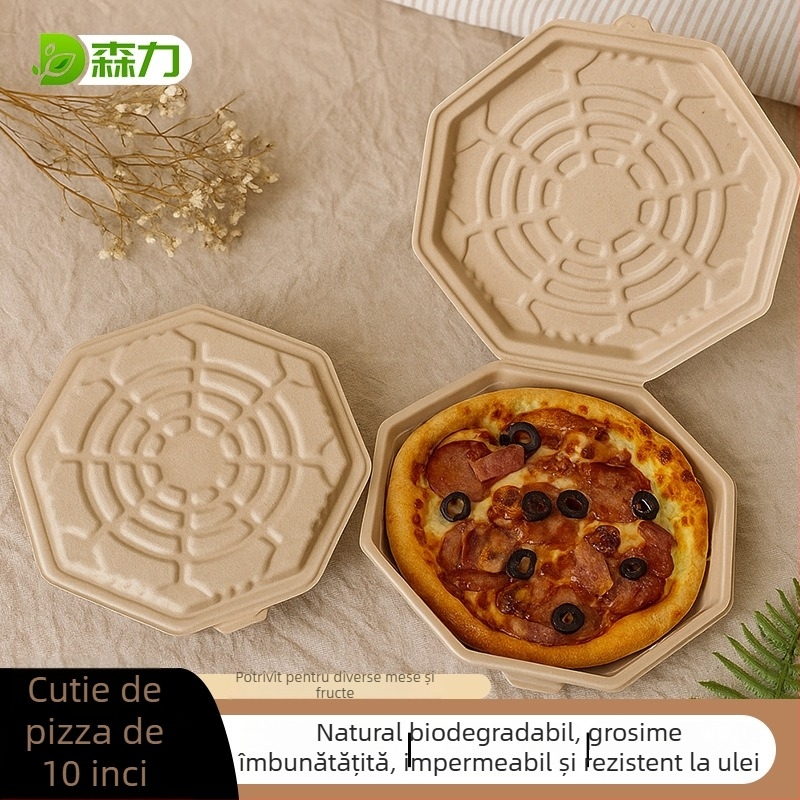 Cutie de pizza de 10 inch, din pulpă biodegradabilă, design octagonal, încălzibilă, într-o singură piesă