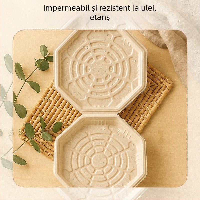 Cutie de pizza de 10 inch, din pulpă biodegradabilă, design octagonal, încălzibilă, într-o singură piesă
