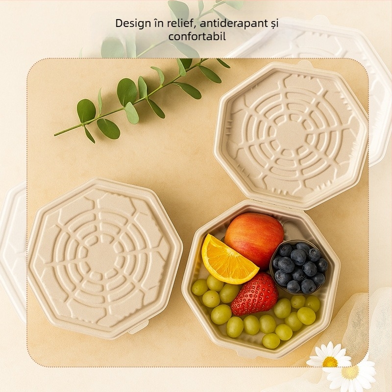 Cutie de pizza de 10 inch, din pulpă biodegradabilă, design octagonal, încălzibilă, într-o singură piesă