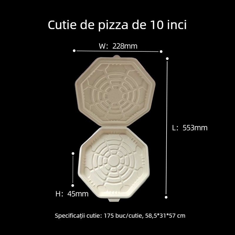 Cutie de pizza de 10 inch, din pulpă biodegradabilă, design octagonal, încălzibilă, într-o singură piesă