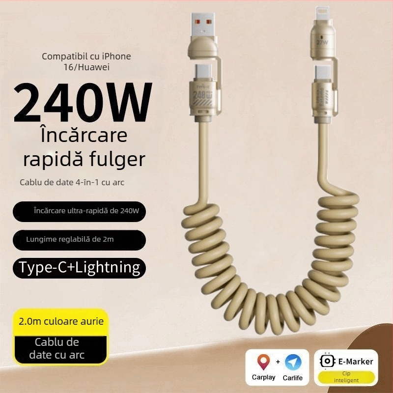 CarPlay cablu extensibil cu arc, 4 în 1, încărcare rapidă 240W pentru Apple și Huawei telefoane